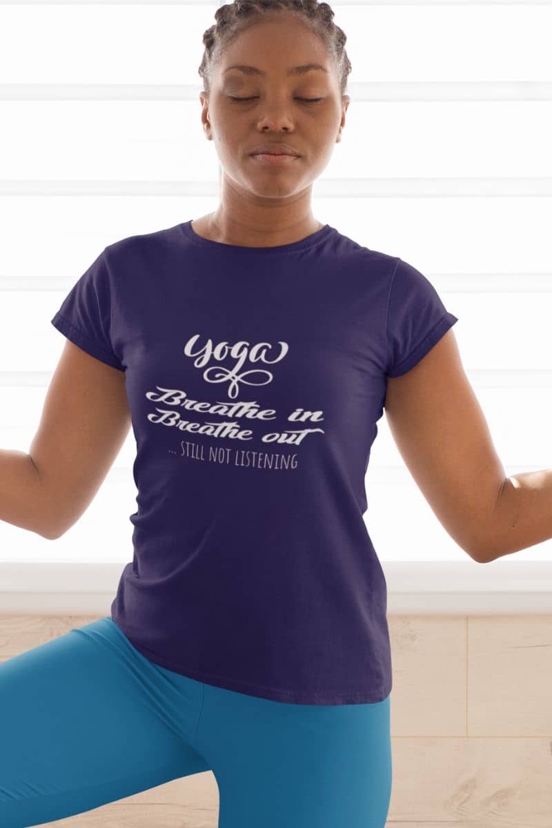 Quirky Yoga T-shirt with girl standing in yoga pose