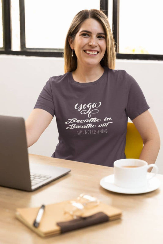 Quirky Yoga T-shirt with a girl sitting working at a laptop and a cup of tea