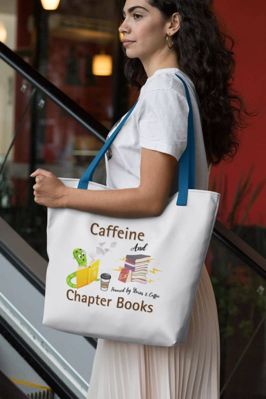 Reading and coffee vibes tote with a girl riding the elevator with a tote bag on her shoulder