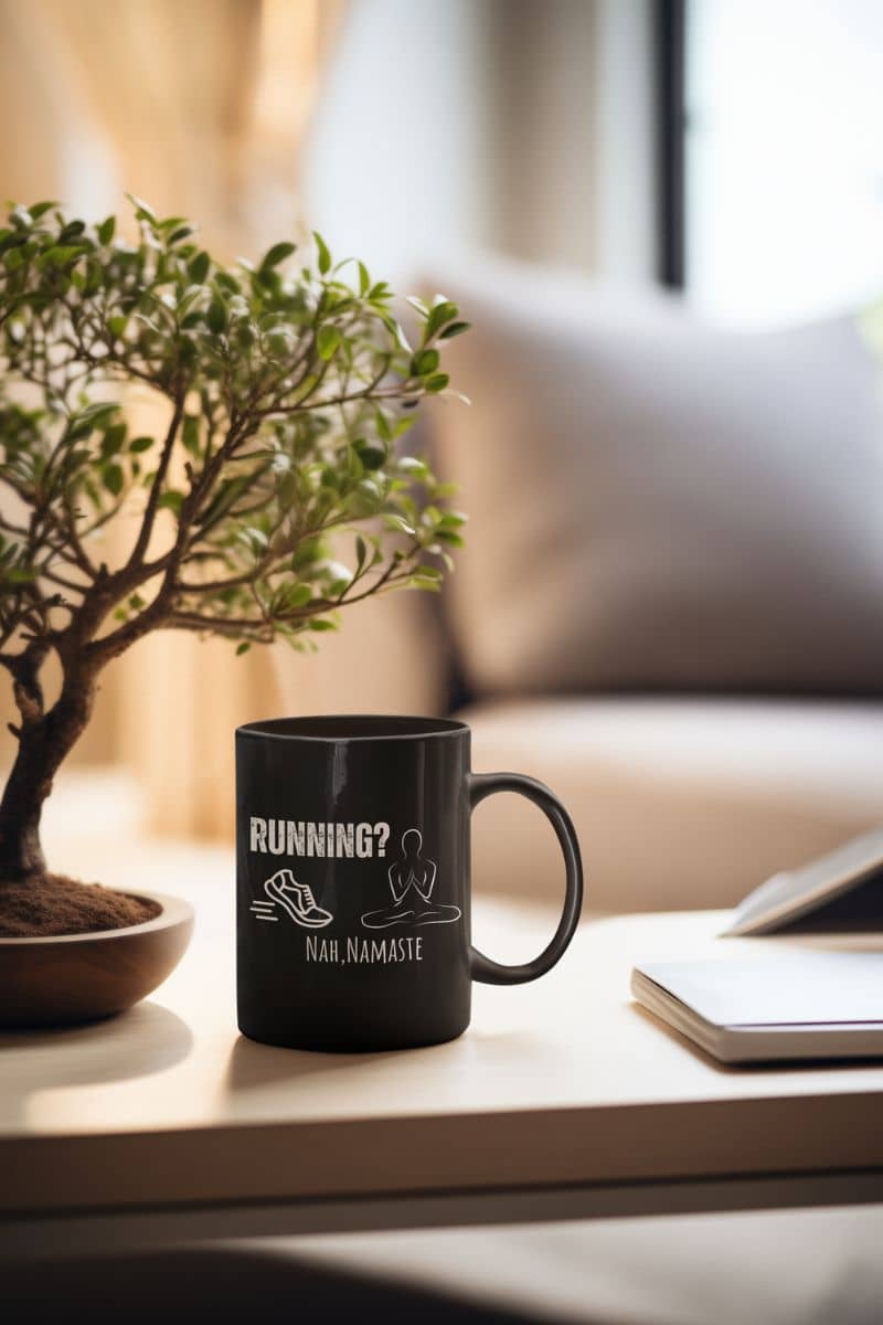 Relax and unwind yoga mug with a cup, a potted plant and a notebook on the table in the bedroom