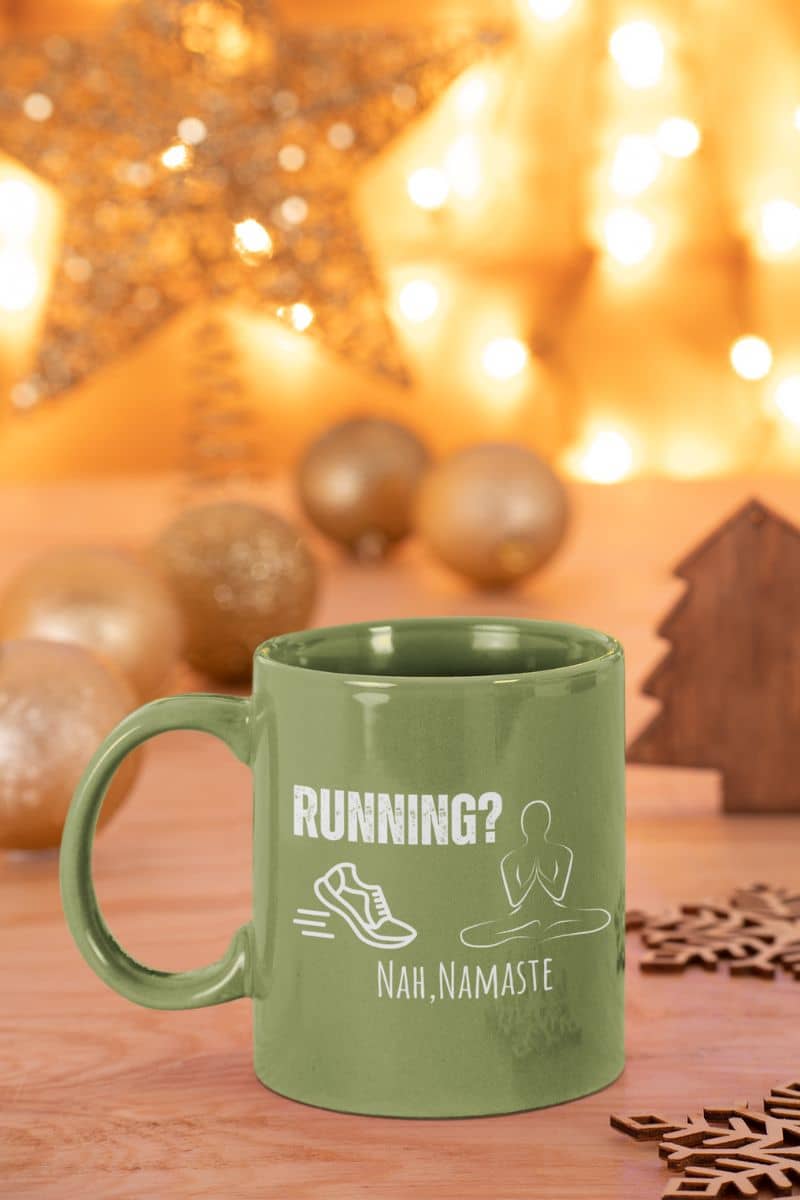 Relax and unwind yoga mug with a cup and christmas lights