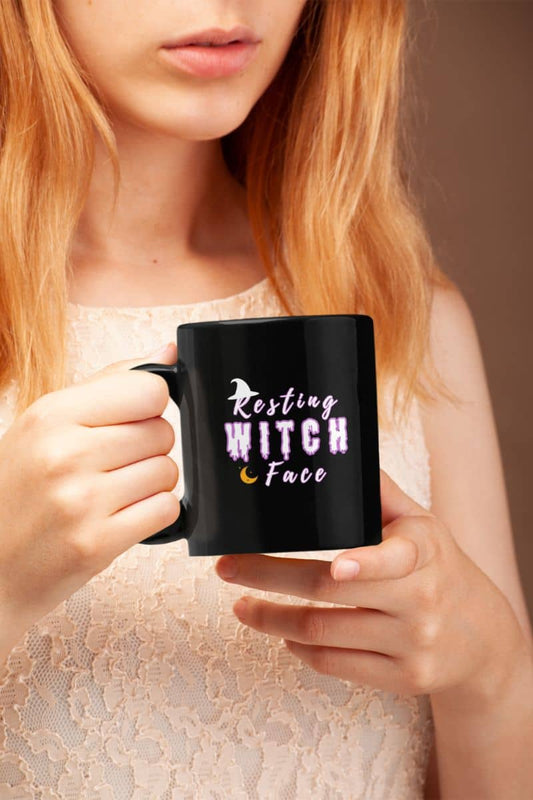 Resting witch face mug with a  person holding a black mug with 'Resting Witch Face' text