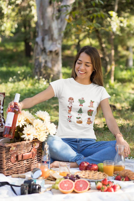 Retro Christmas Cheer - Festive Fun T-Shirt with a girl holding a bottle of wine and food prepared for a picnic