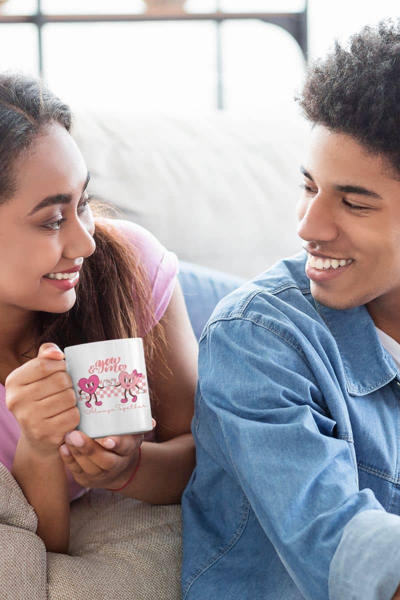 Retro Valentine mug with a couple chatting happily on the sofa