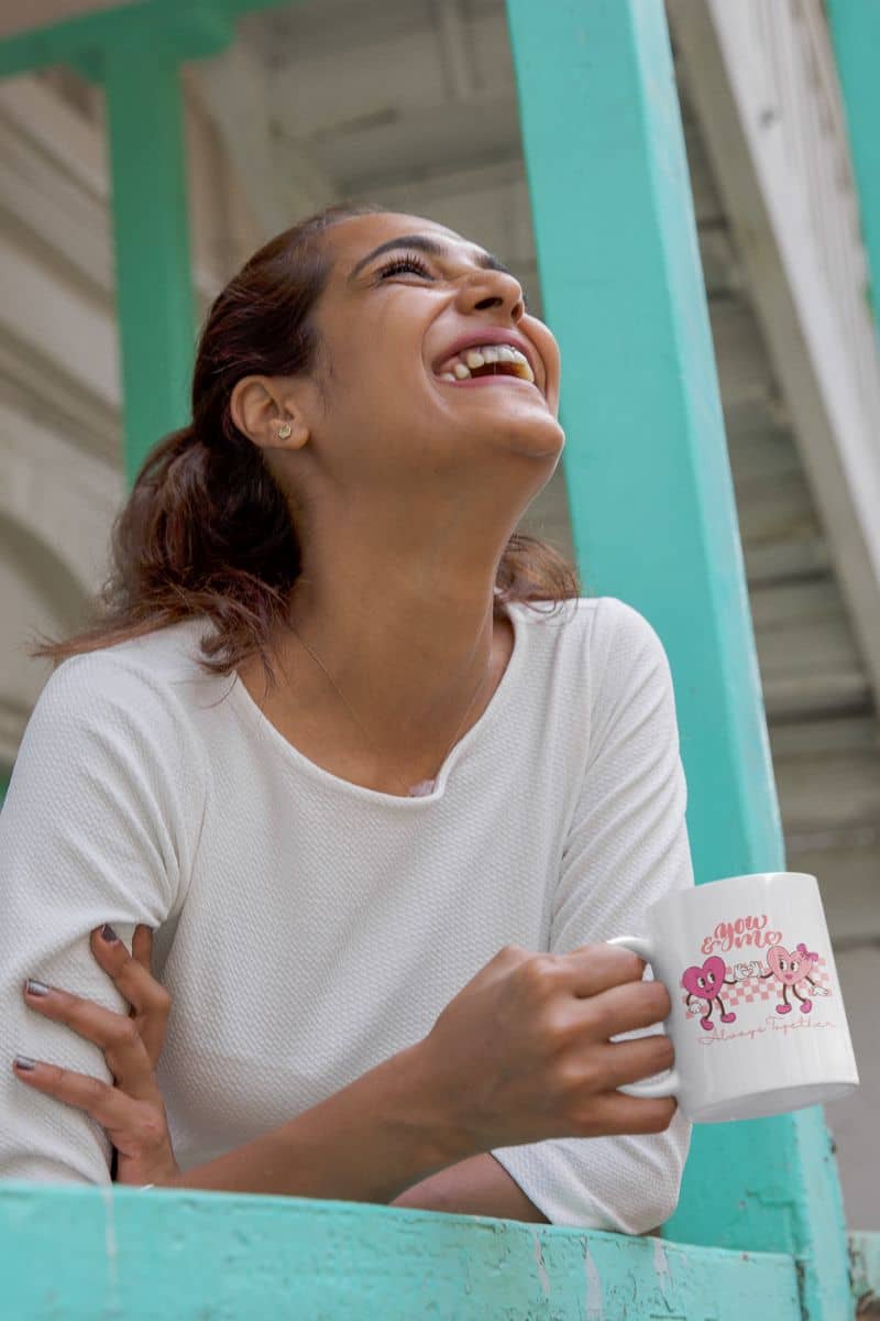 Retro Valentine mug with a girl leaning on the window with her face up to the sky and a bright smile