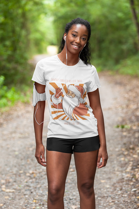 Santa's Checked His List Twice and It's All OK T-shirt with a girl wearing headphones while exercising