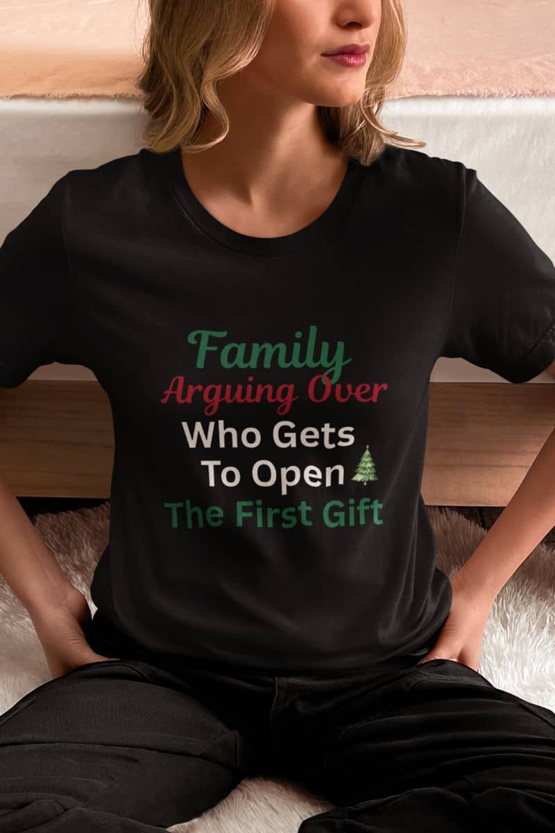 Sarcastic Christmas shirt with a person wearing a black t-shirt with humorous text design.