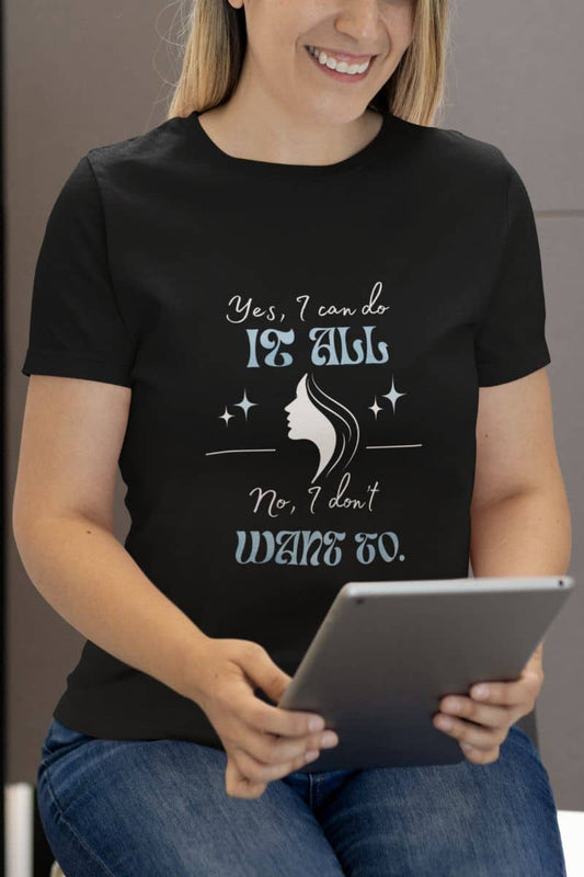 Sarcastic graphic t-shirt with a girl sitting looking at a tablet with a bright smile