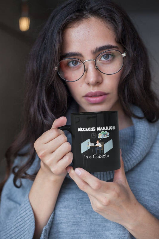 Sarcastic mug with the girl wearing glasses looking into the distance