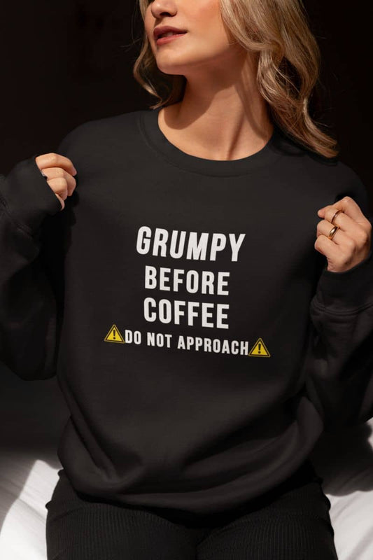 Sarcastic sweatshirt with a person wearing a black sweatshirt with text 'Grumpy before coffee, do not approach' on a dark background
