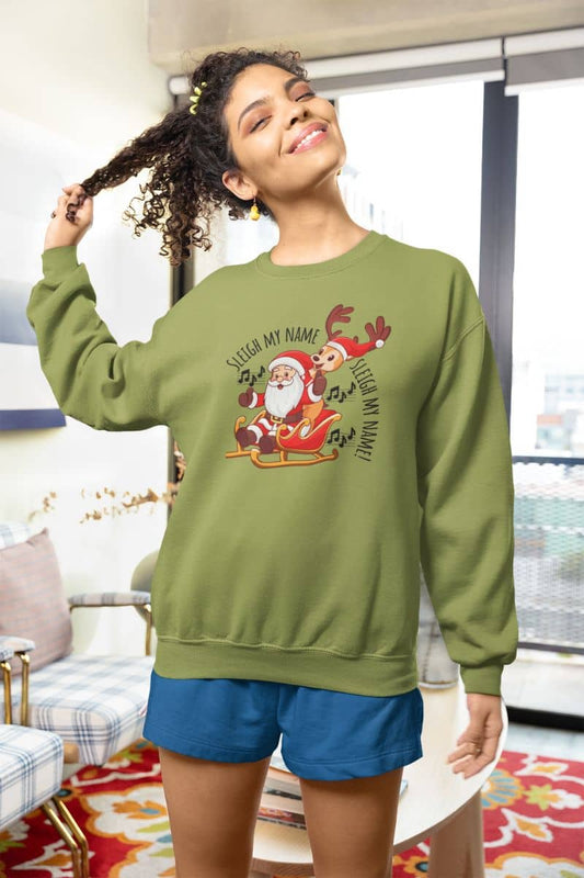 Sleigh my name, Sleigh my name - Cozy winter sweatshirt with the girl smiling and playing with her hair