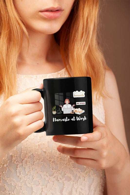 Stress relief coffee mug with a young girl holding a cup in her hand