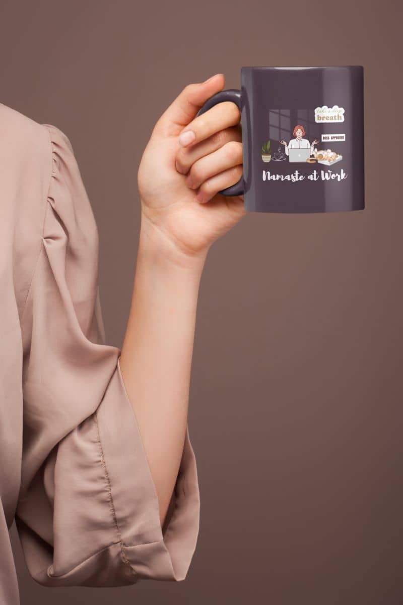 Stress relief coffee mug with a girl holding a cup over one shoulder