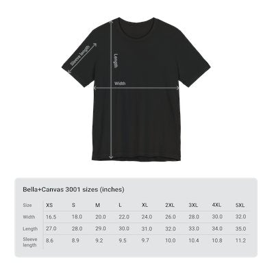 Black t-shirt with measurement lines and size chart on a white background