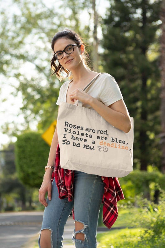 Tote bag for busy people with a girl carrying a big tote bag walking down the street