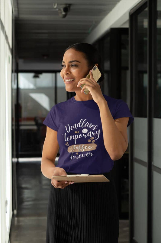 Trendy caffeine lover t-shirt with a woman talking on the on phone outside the office hallway