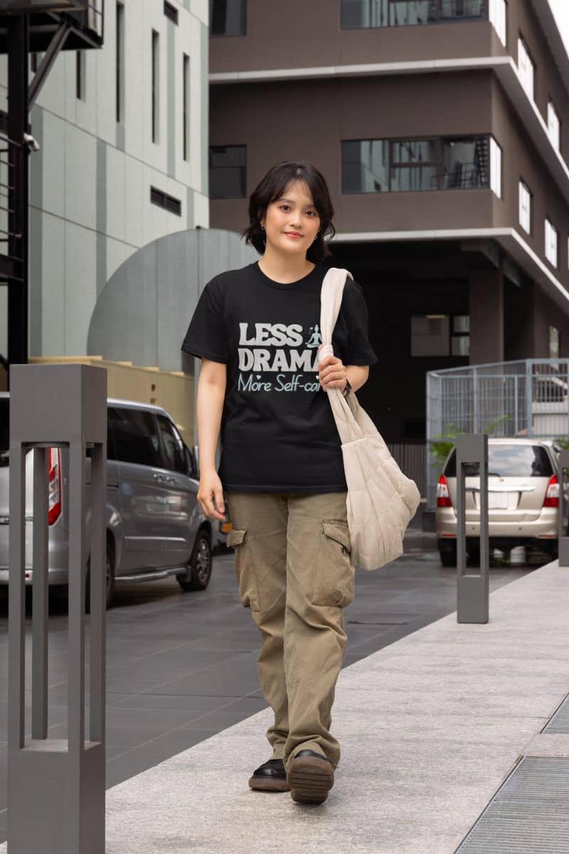 Trendy Women's T-Shirt: "Less Drama, More Self-Care" – Modern Style for Confident Women