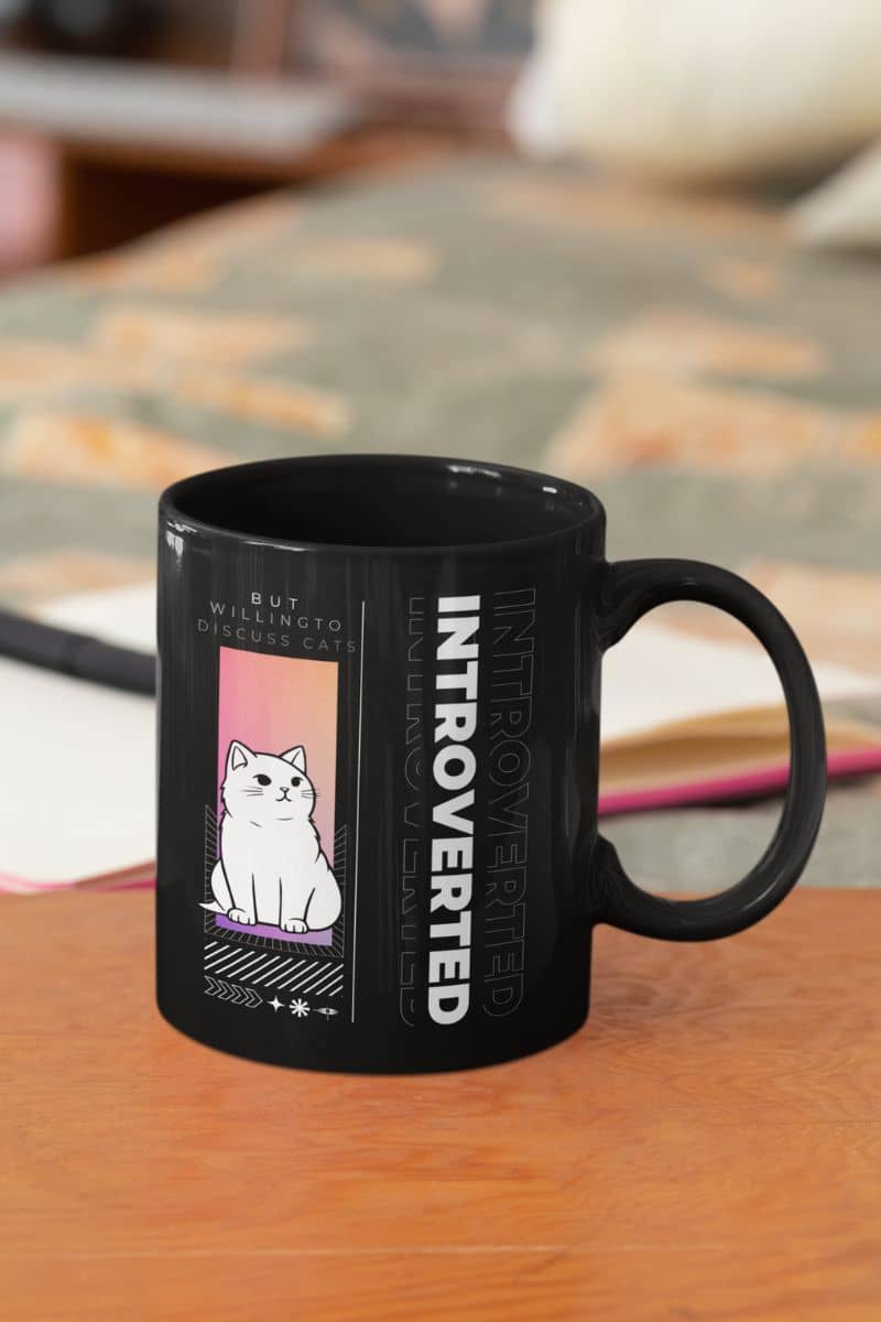Unique introverted coffee mug with close-up photo of cup on table