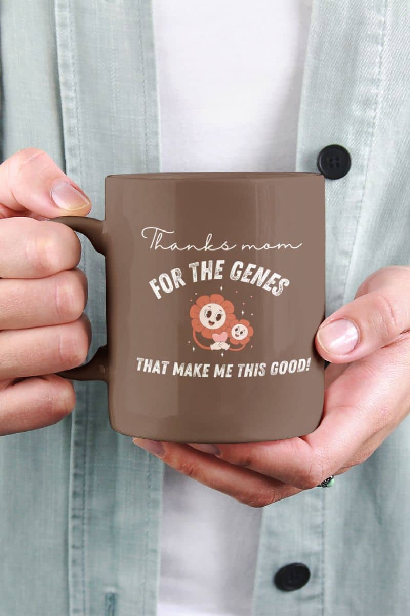 Unique mug with a girl holding a cup with both hands in front of her chest