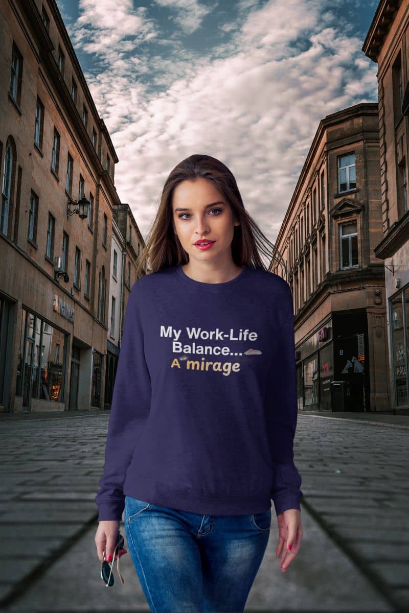 Unisex cozy sweatshirt with a woman wearing a purple sweatshirt with text in an urban setting