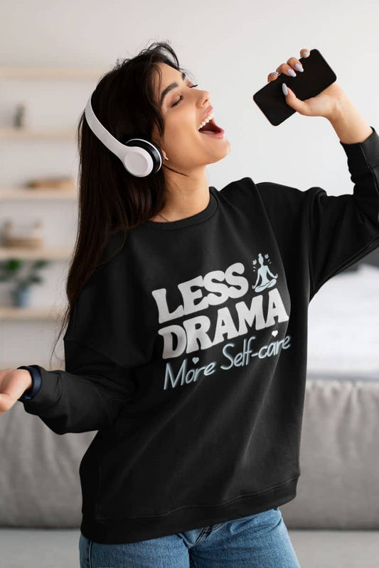 Unisex sweatshirt with a girl wearing headphones and using her phone as a microphone to sing along to her favorite song