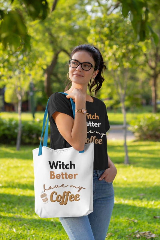 Witchy coffee tote bag with a woman holding a tote bag with text 'Witch Better Have My Coffee' in a park
