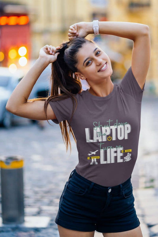 Work-Life balance tee with a beautiful girl standing posing with her hair