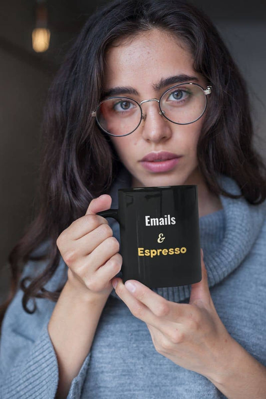 Work from home coffee mug with a woman holding a mug with 'Emails & Espresso' text