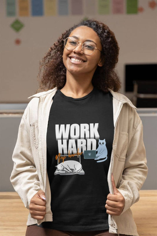 Work hard, nap harder t-shirt with a girl standing posing with a jacket