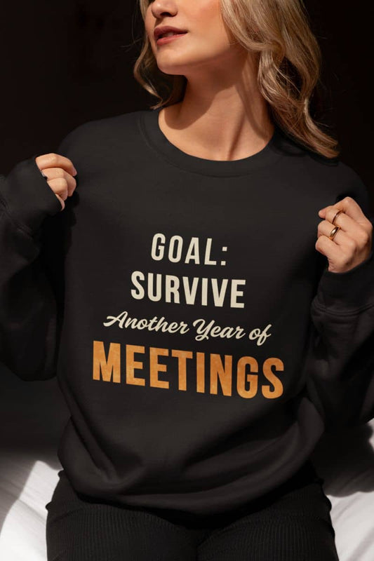 Work humor sweatshirt with a person wearing a black sweatshirt with text 'Goal: Survive Another Year of Meetings' on a dark background