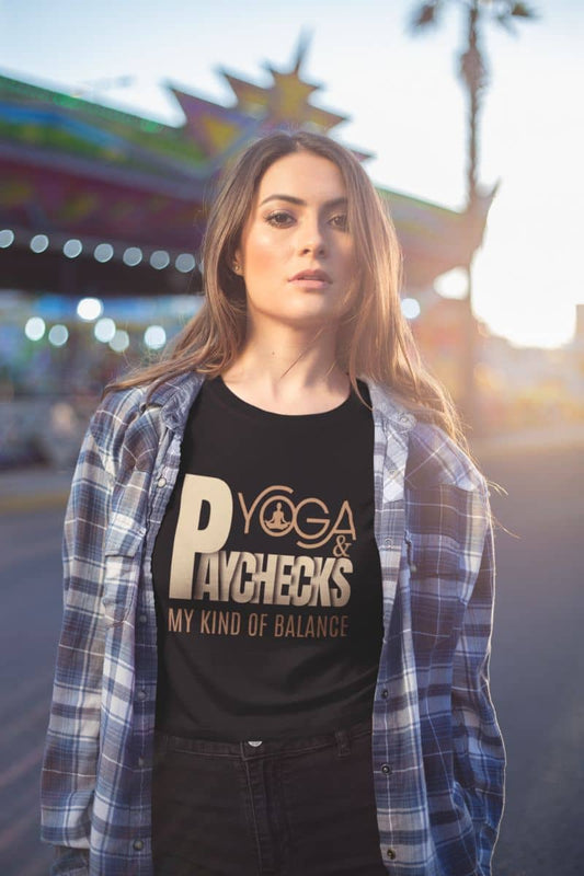 Yoga and paychecks t-shirt with a girl walking down the street in jeans, a t-shirt and an unbuttoned fashionable shirt