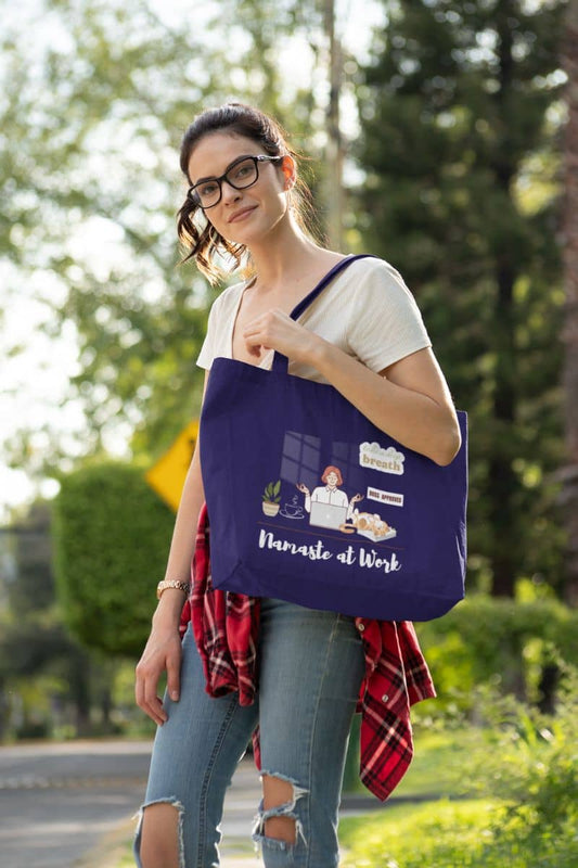 Yoga tote bag for work with a girl carrying a tote bag standing and posing on the side of the road