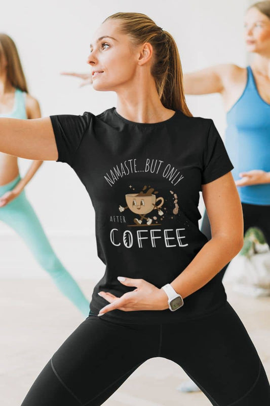 Zen coffee lover t-shirt with a girl teaching yoga in yoga class
