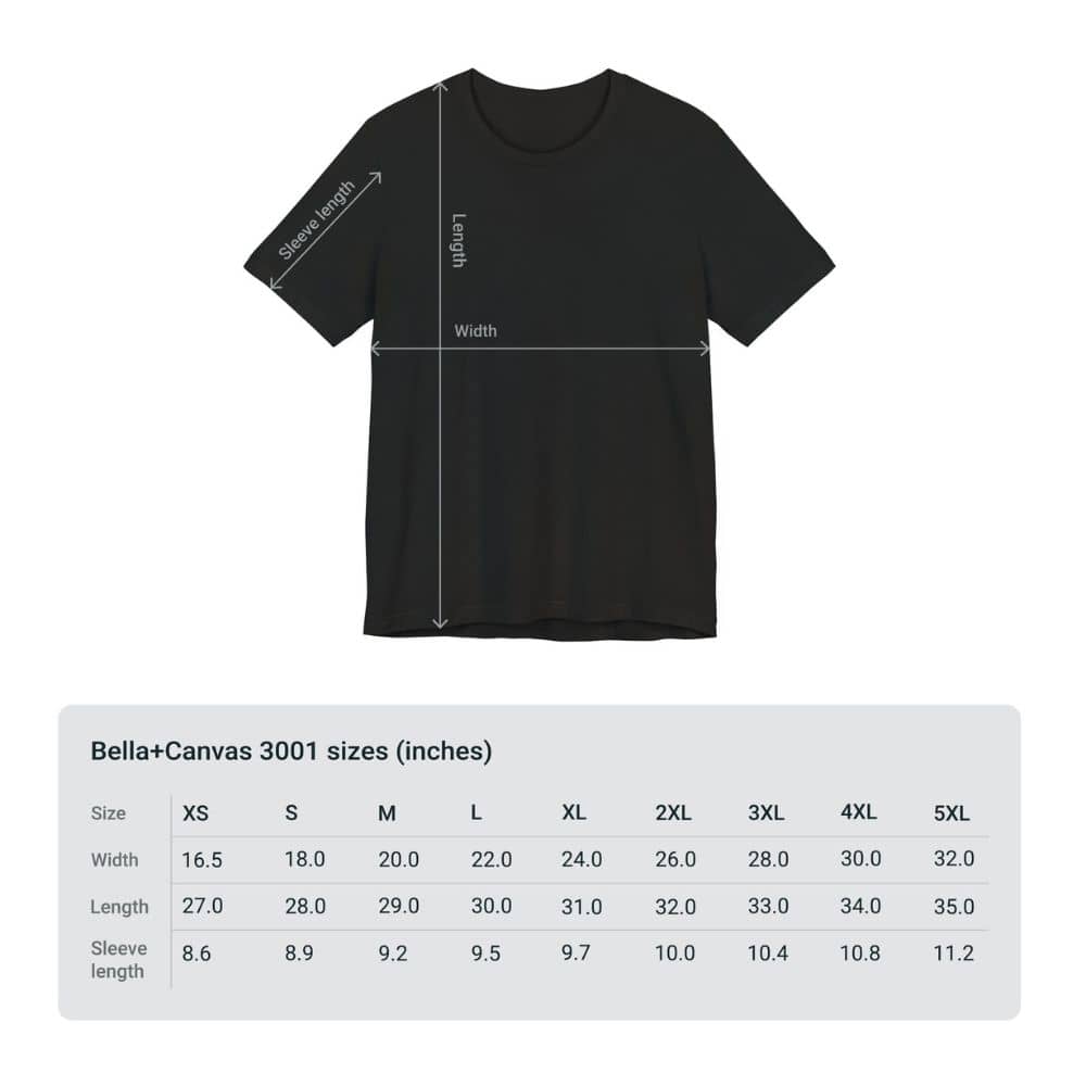 Black t-shirt with measurement lines and a size chart below on a white background
