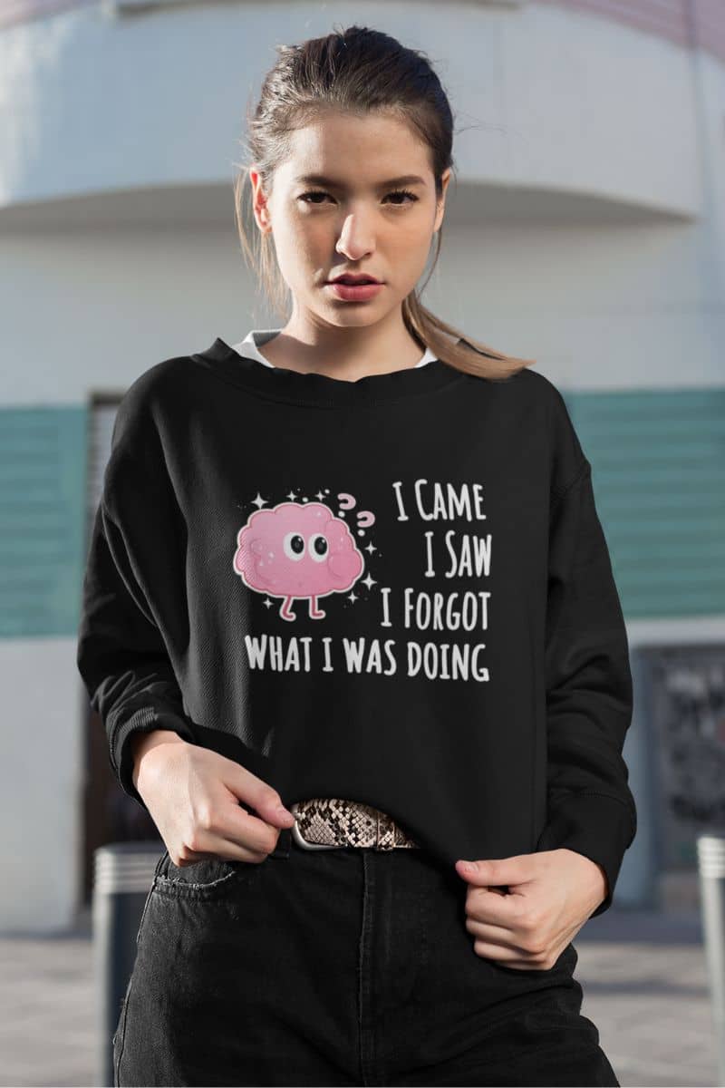 casual humor sweater with a person wearing a black sweatshirt with a pink character and text 'I came, I saw, I forgot what I was doing' in an outdoor setting