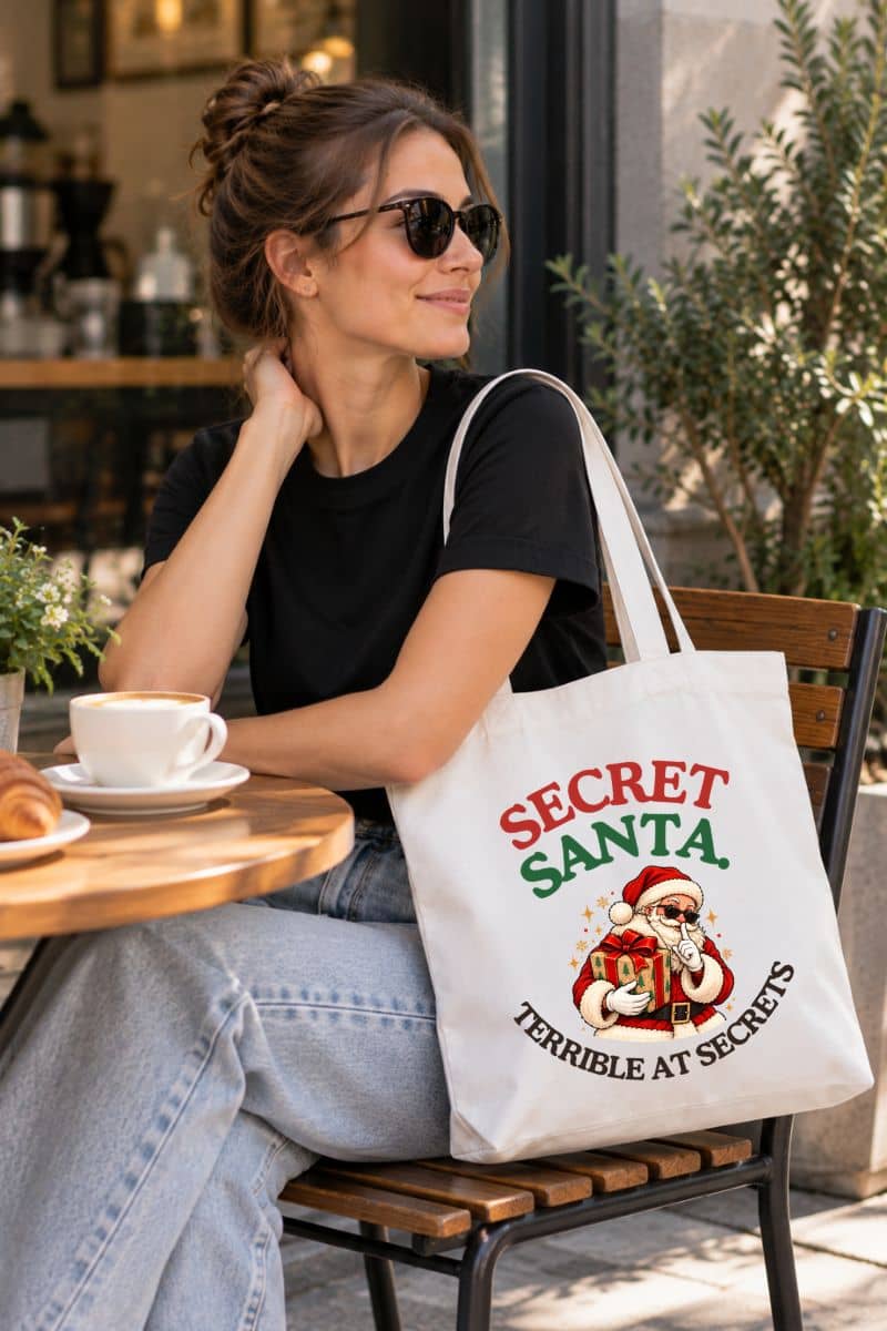Christmas gift exchange tote bag featuring the “Secret Santa. Terrible at Secrets.” design, carried by a woman in sunglasses sitting at an outdoor café.