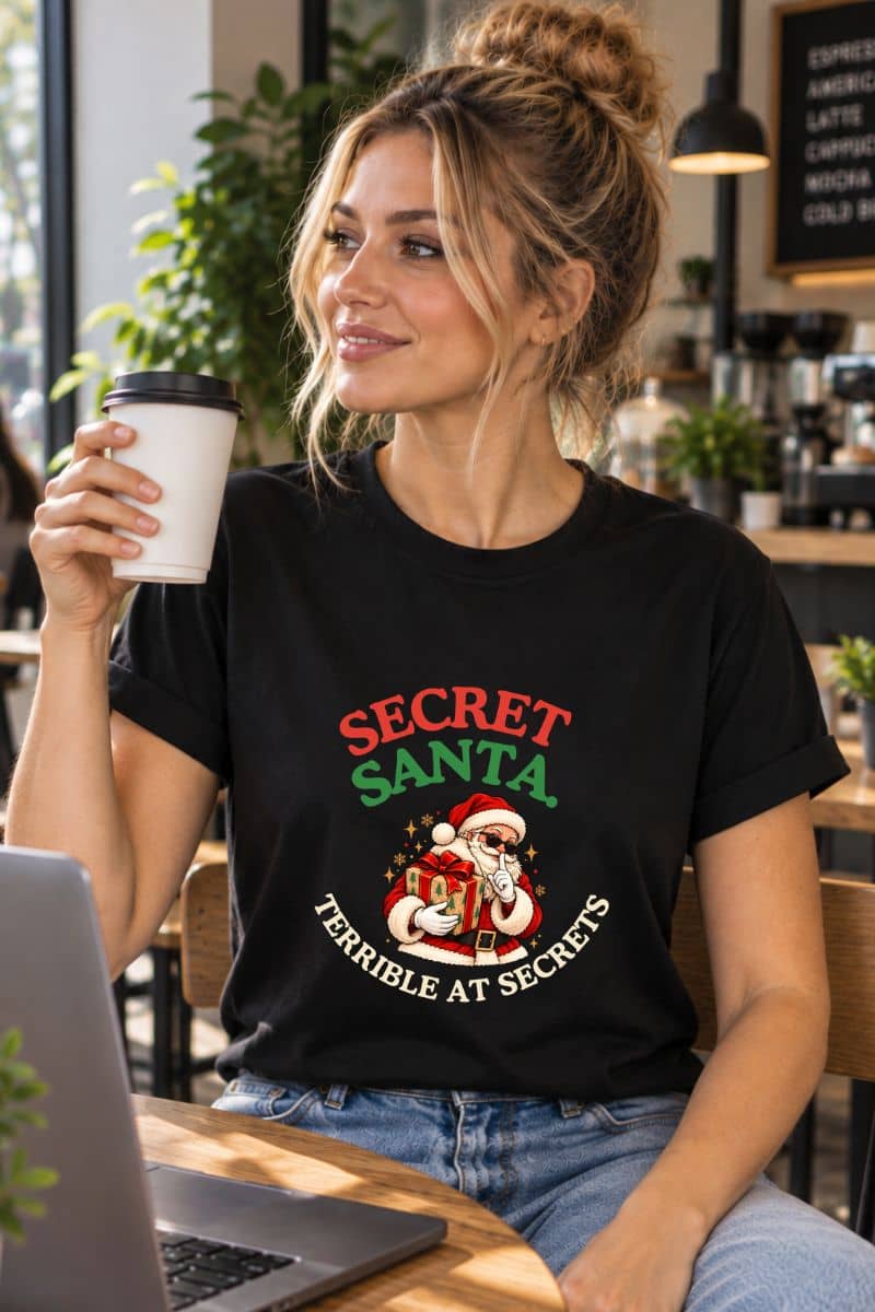 Christmas graphic tee with the “Secret Santa. Terrible at Secrets.” design featuring Santa holding a gift, worn by a woman working at a café.