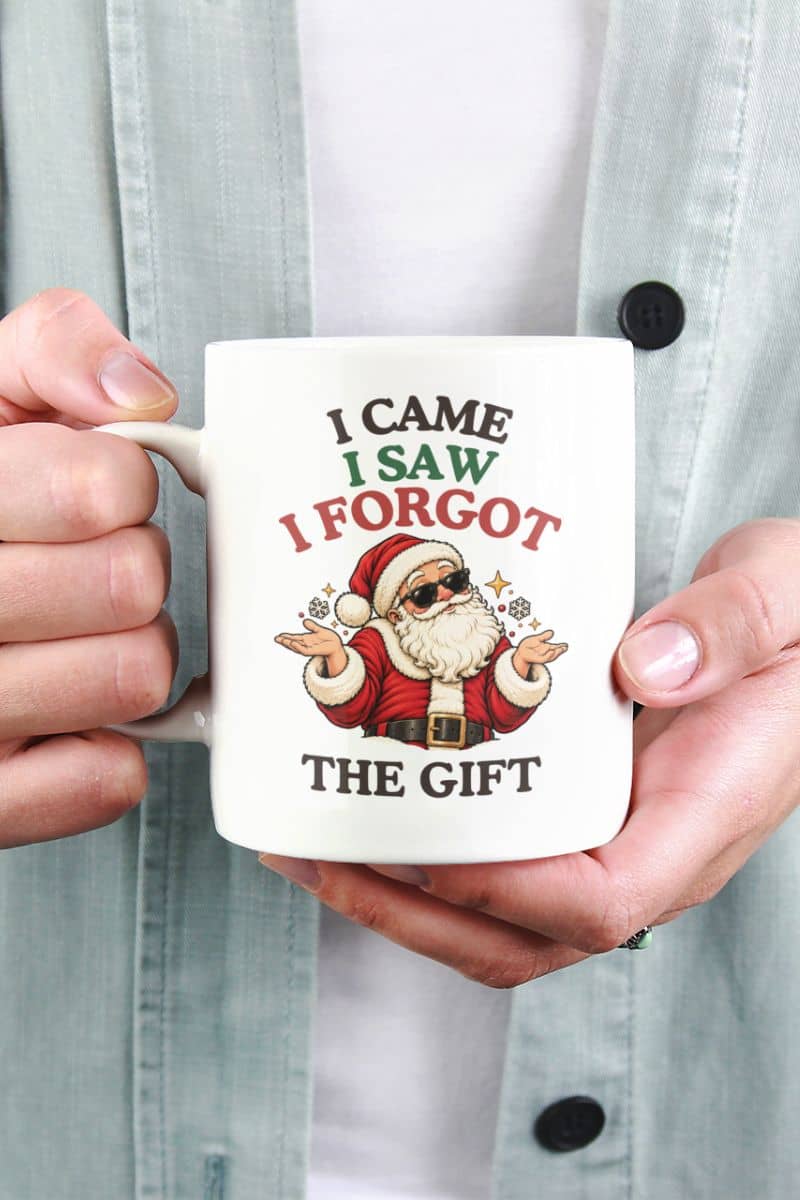 A person in a light blue shirt holding a Christmas humor mug featuring Santa shrugging with the words “I Came. I Saw. I Forgot the Gift.”
