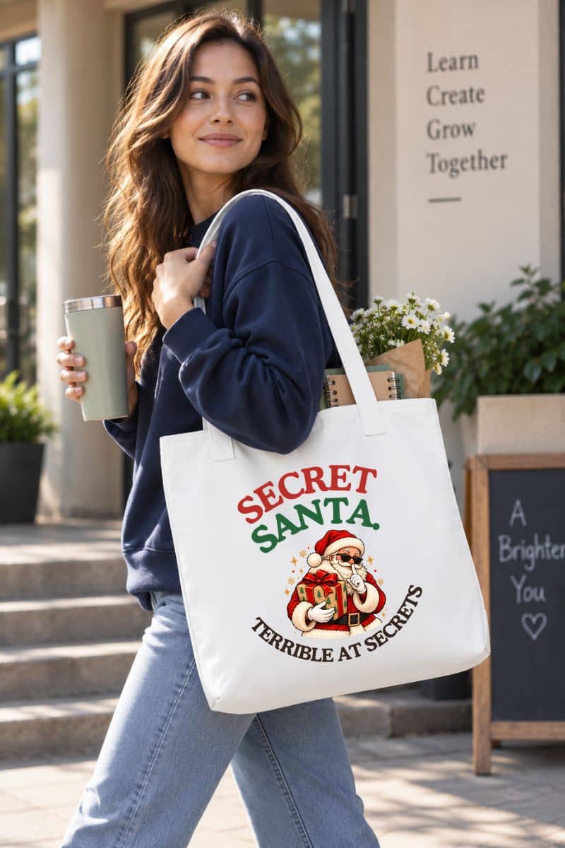 Christmas tote bag featuring the “Secret Santa. Terrible at Secrets.” design on a white tote carried by a woman in a navy sweatshirt holding a travel cup.