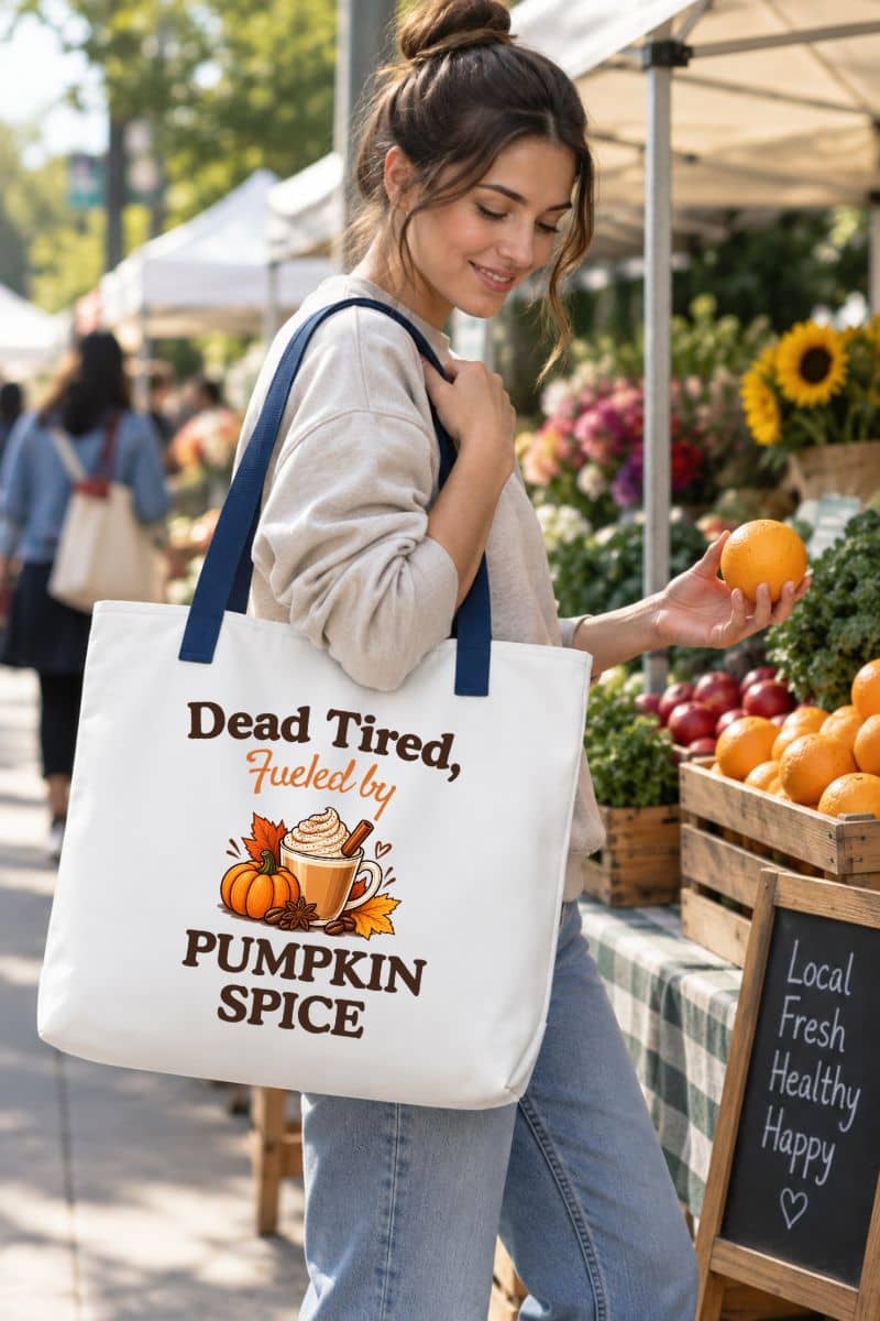 coffee lover tote bag with a woman at an outdoor farmers market carries a white canvas tote bag with navy blue handles and a fall-themed graphic that reads 'Dead Tired, Fueled by Pumpkin Spice' with an illustration of a pumpkin, autumn leaves, and a hot chocolate cup.