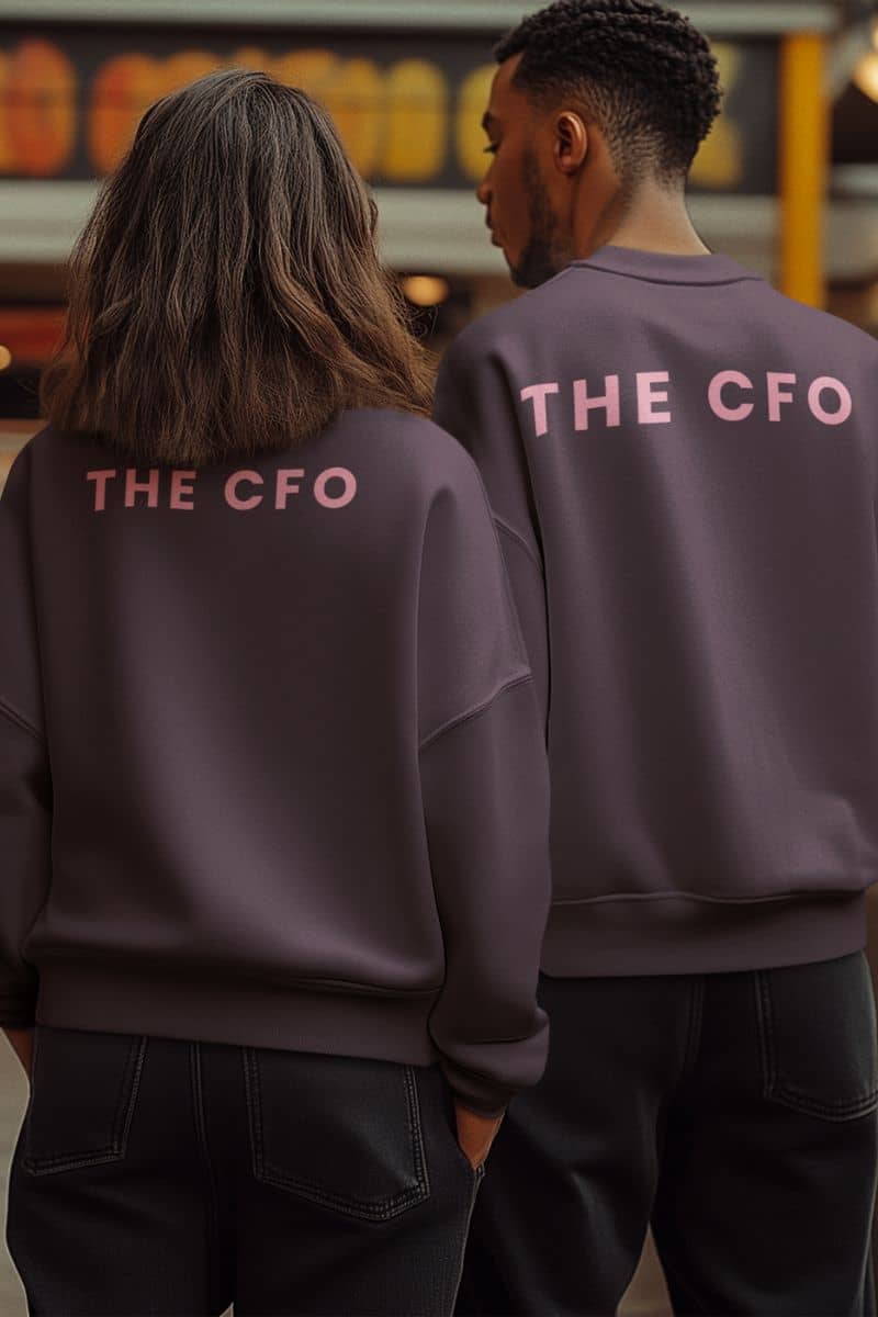 cozy couple sweatshirts with two people wearing dark sweatshirts with 'THE CFO' printed on the back.