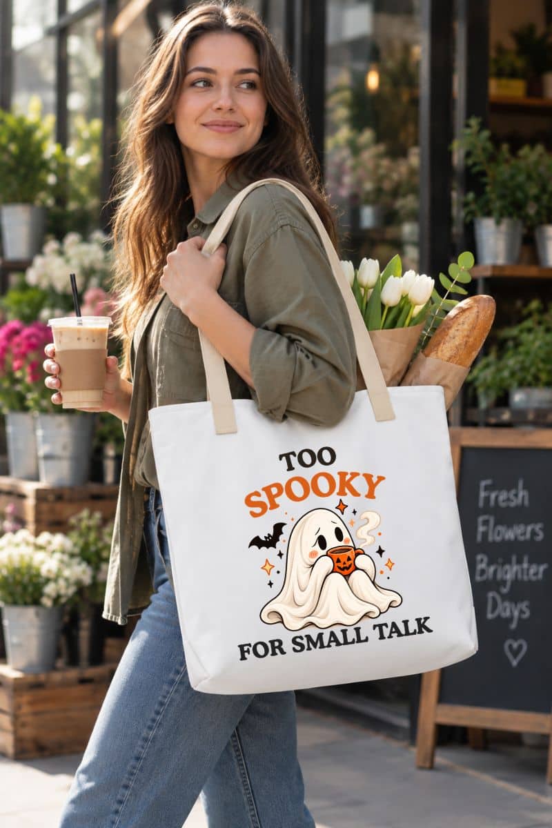 Woman carrying a white cute ghost bag with beige handles and a playful Halloween design while holding iced coffee outside a flower shop.