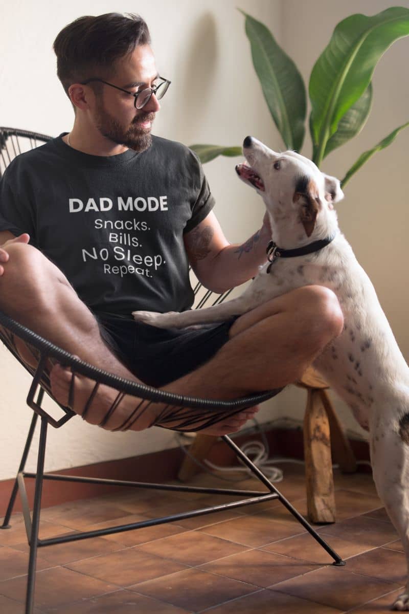 dad life shirt with a man wearing a t-shirt featuring the text 'DAD MODE:  Snacks. Bills. No Sleep. Repeat.' sitting with a dog on a chair indoors.