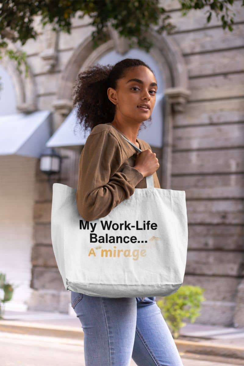 daily grind tote bag with a woman holding a tote bag with text in an urban setting