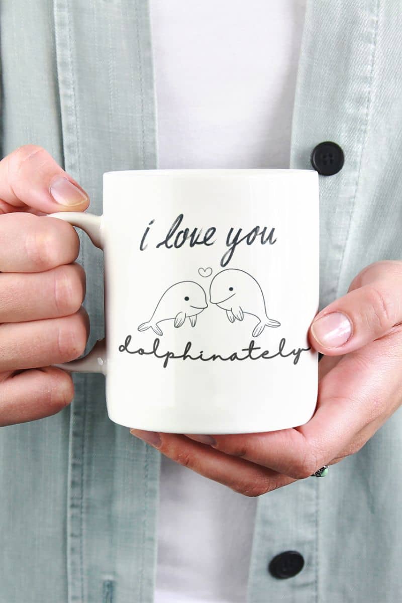 dolphin couple mug with a person holding a mug with 'I love you dolphinately' text and designs.