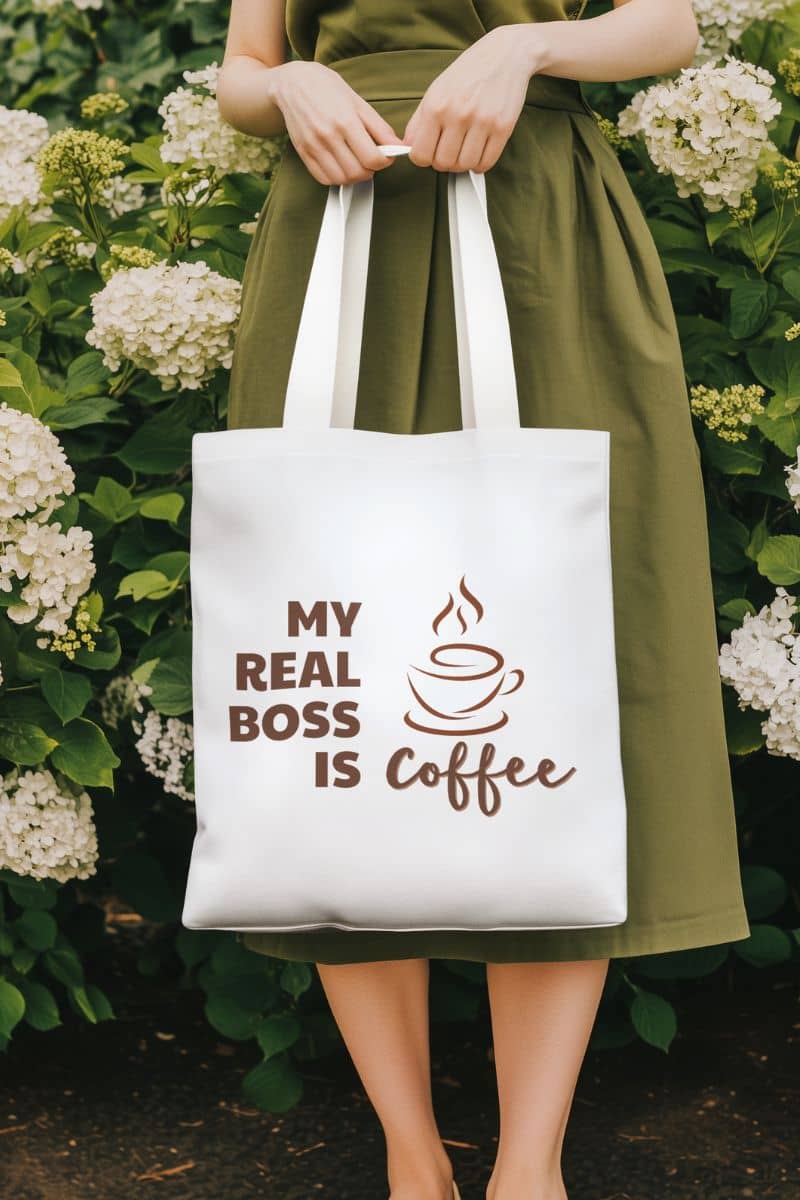eco friendly printed tote bag with a person holding a tote bag with 'My Real Boss is Coffee' text against a floral background