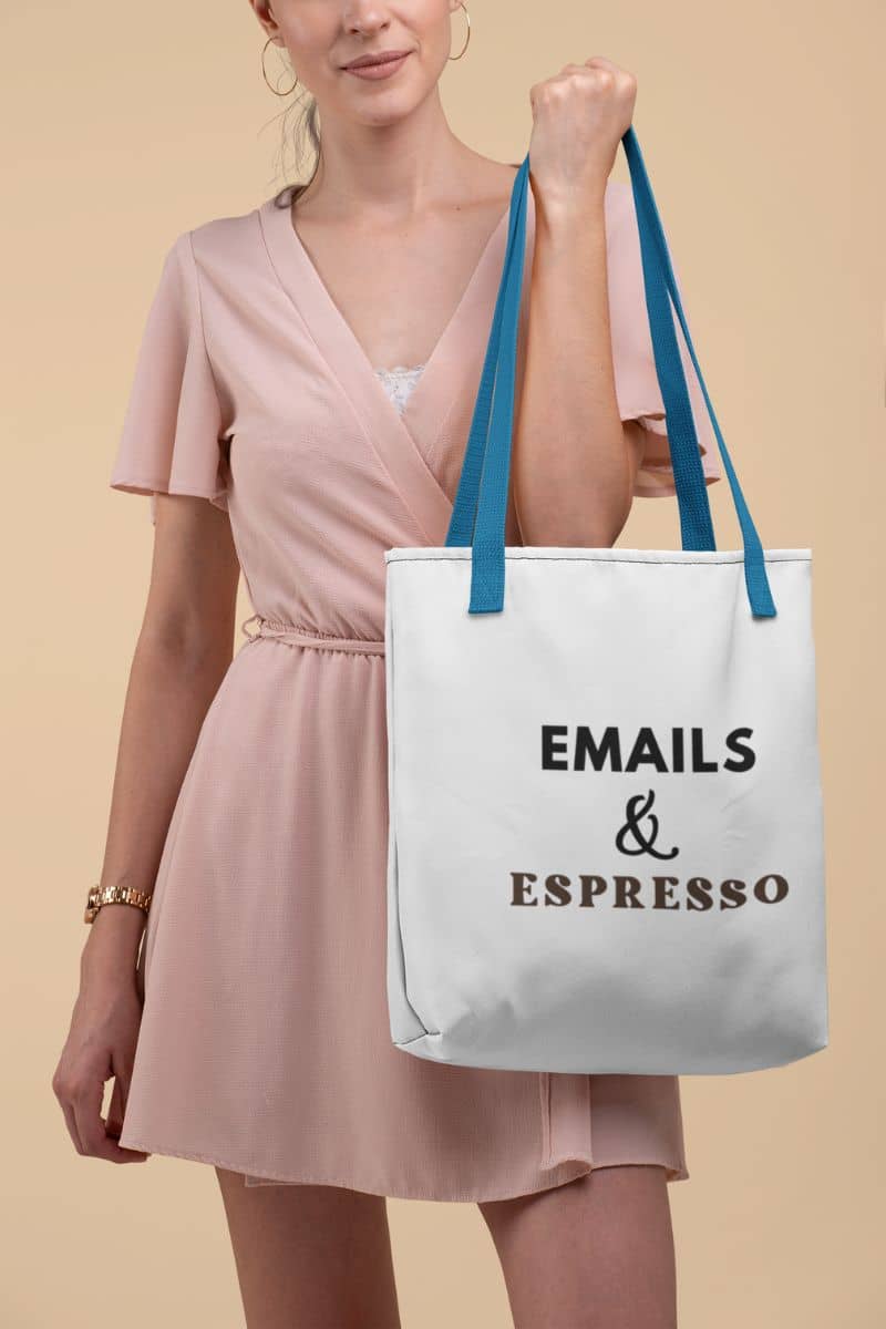 espresso tote bag with a woman holding a tote bag with text 'EMAILS & ESPRESSO' against a beige background