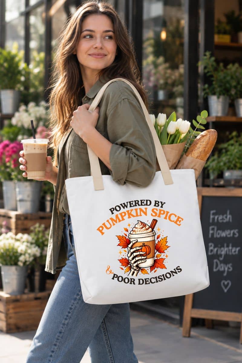 A woman carrying a fall tote bag featuring the text 'Powered by Pumpkin Spice & Poor Decisions' while holding a cup of coffee, walking outdoor