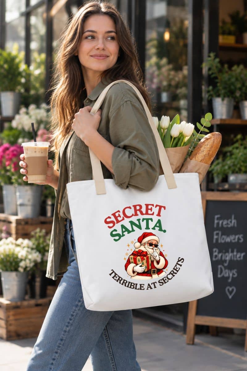 Funny Christmas gift tote bag featuring the “Secret Santa. Terrible at Secrets.” design, carried by a woman holding iced coffee with flowers and bread inside the bag.