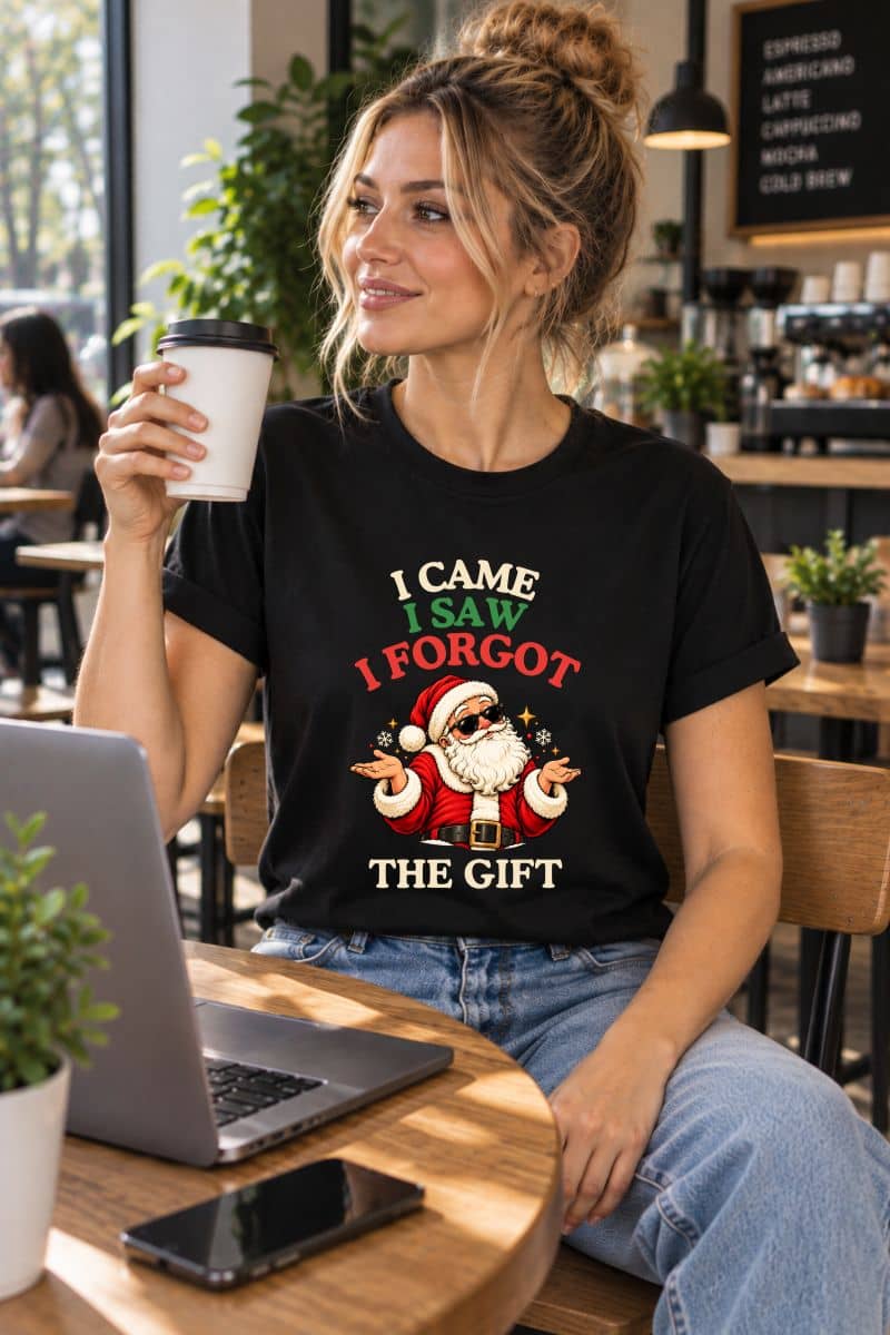 Woman enjoying coffee at a café in a black funny Christmas shirt featuring a festive Santa illustration and “I Came. I Saw. I Forgot the Gift” quote.